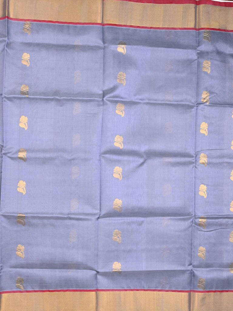 Uppada seiko pattu saree bluish grey color allover zari motifs & kaddi border with zari contrast pallu and attached plain blouse