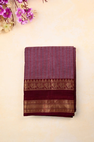 Kanchi cotton saree onion pink and maroon color with allover thread lines, big pallu, zari gap border, and plain blouse