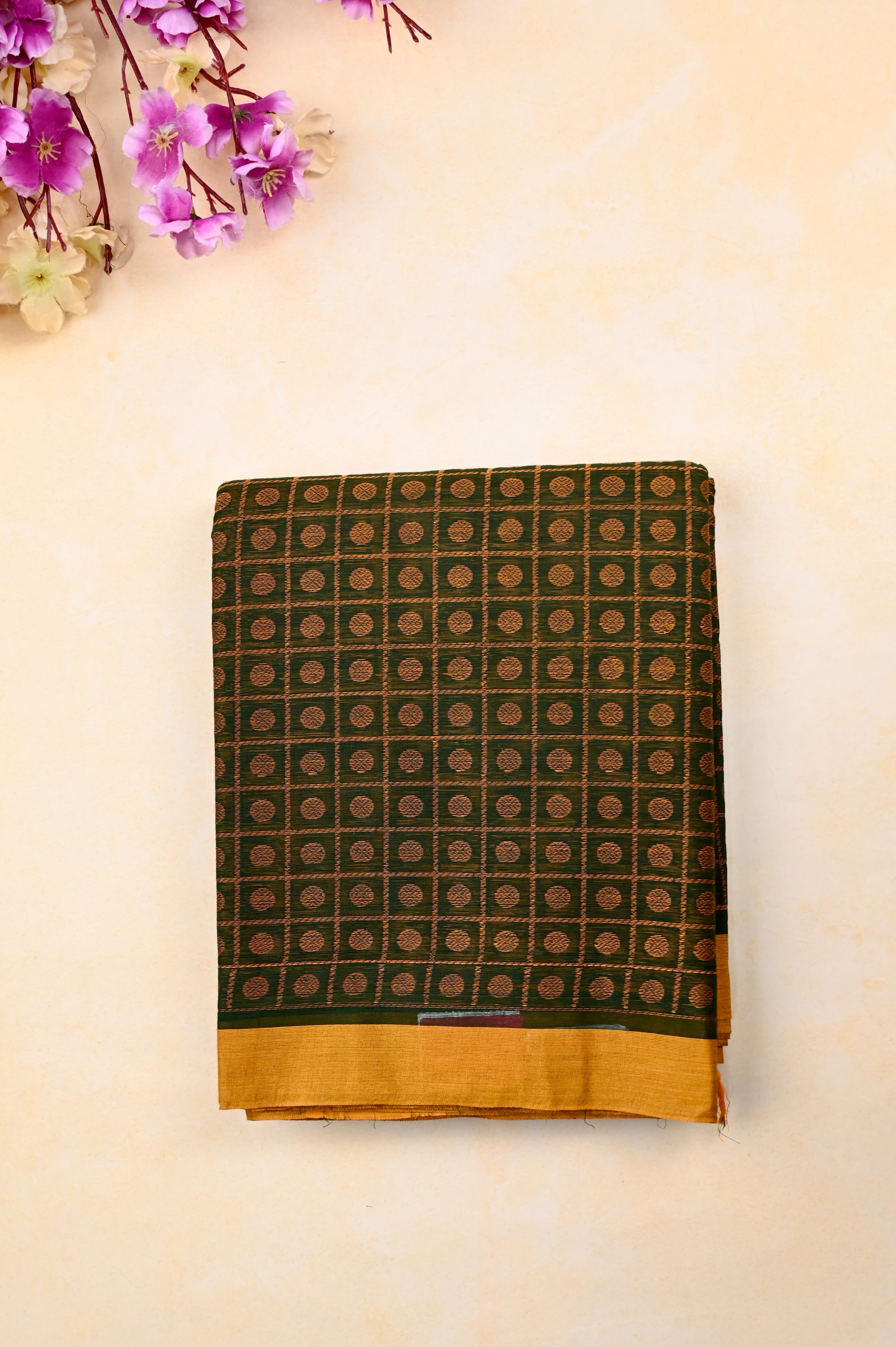 Kanchi cotton saree green color with allover thread work, small contrast border, running pallu and plain blouse