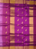 Uppada seiko pattu saree purple color allover zari motifs & kaddi border with zari contrast pallu and attached plain blouse