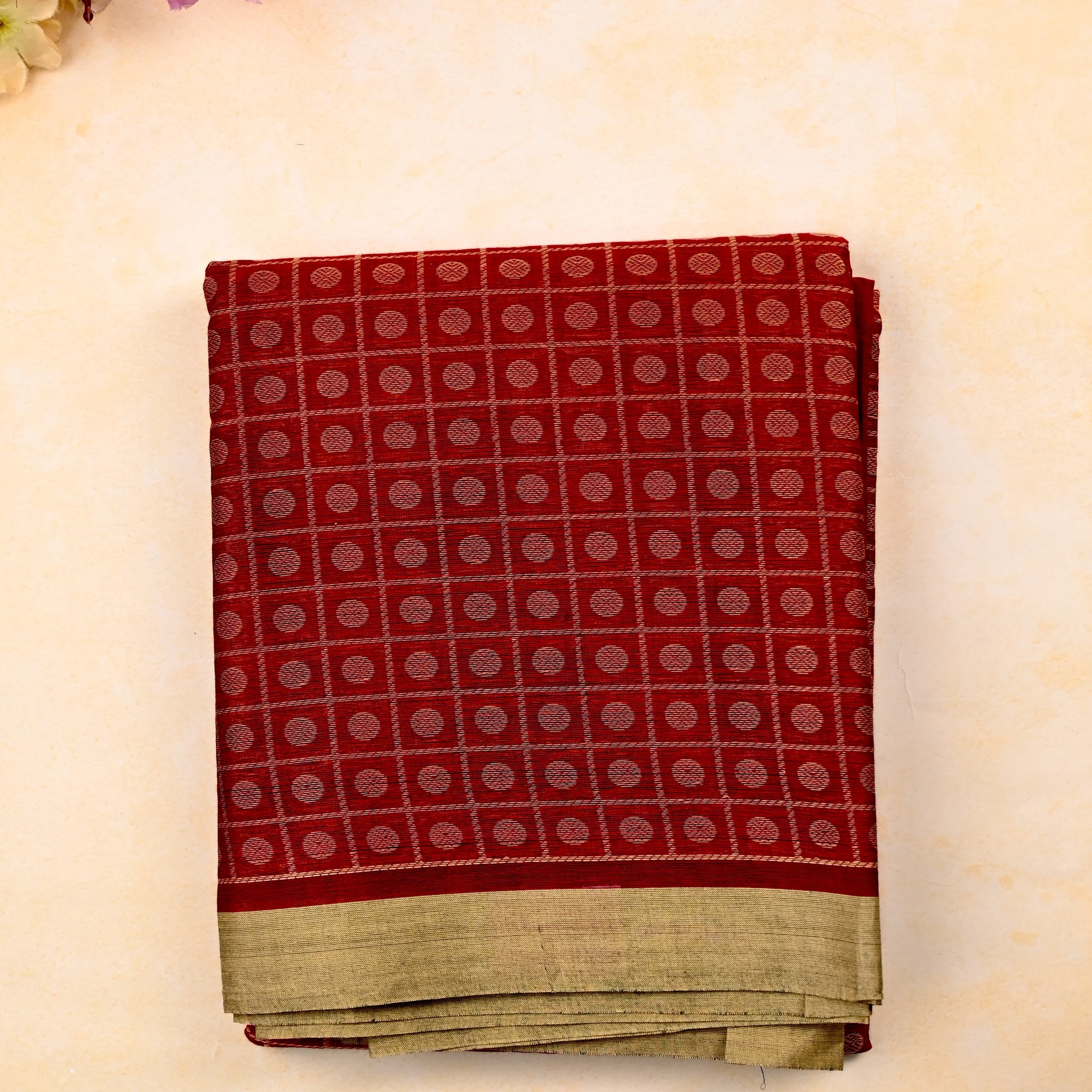 Kanchi cotton saree red color with allover thread work, small contrast border, running pallu and plain blouse