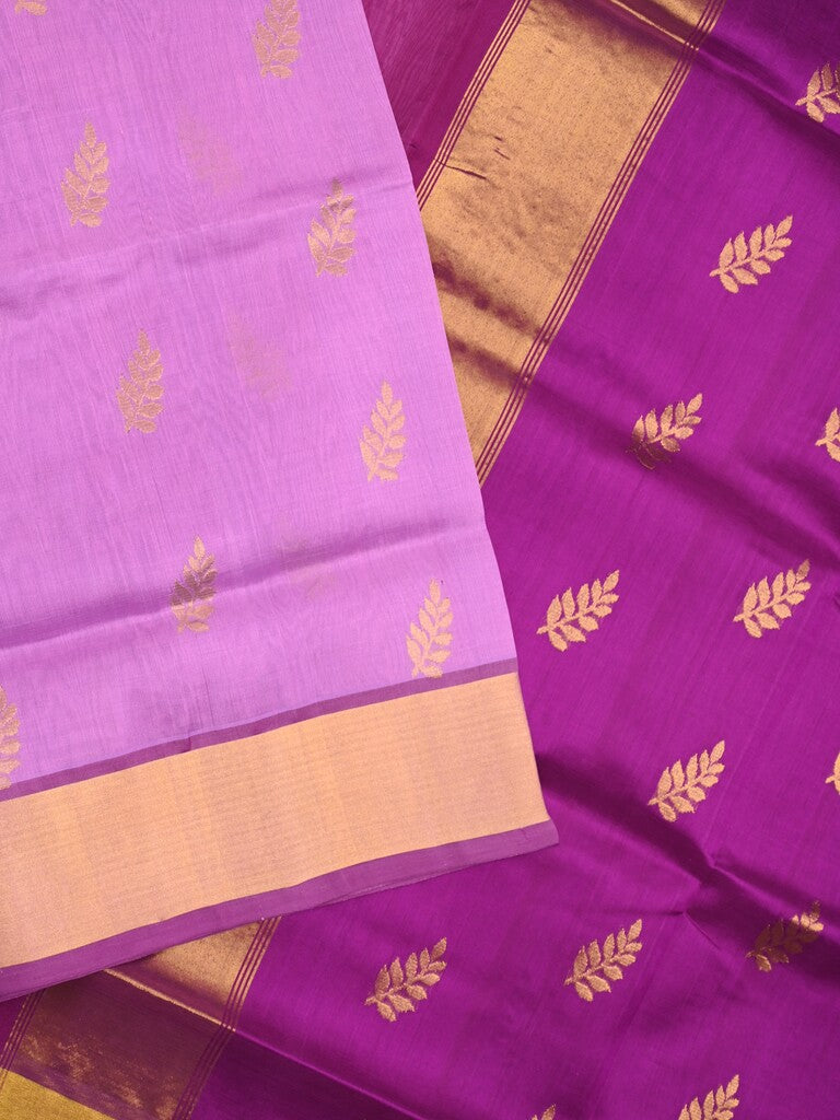 Uppada seiko pattu saree purple color allover zari motifs & kaddi border with zari contrast pallu and attached plain blouse