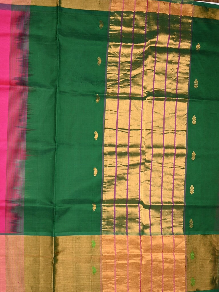 Uppada seiko pattu saree pink color allover zari motifs & kaddi border with zari contrast pallu and attached plain blouse