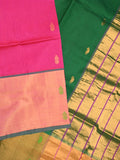 Uppada seiko pattu saree pink color allover zari motifs & kaddi border with zari contrast pallu and attached plain blouse