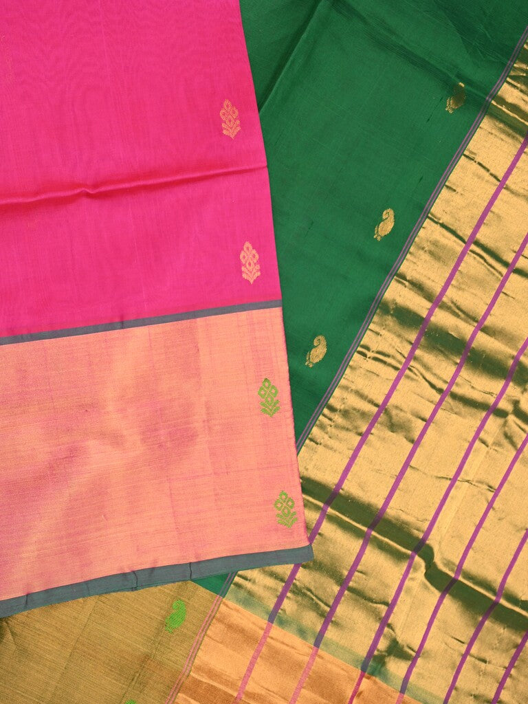 Uppada seiko pattu saree pink color allover zari motifs & kaddi border with zari contrast pallu and attached plain blouse