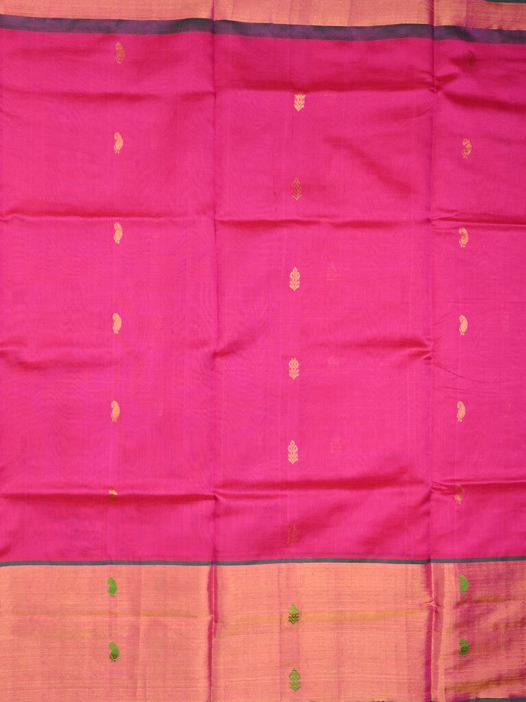Uppada seiko pattu saree pink color allover zari motifs & kaddi border with zari contrast pallu and attached plain blouse