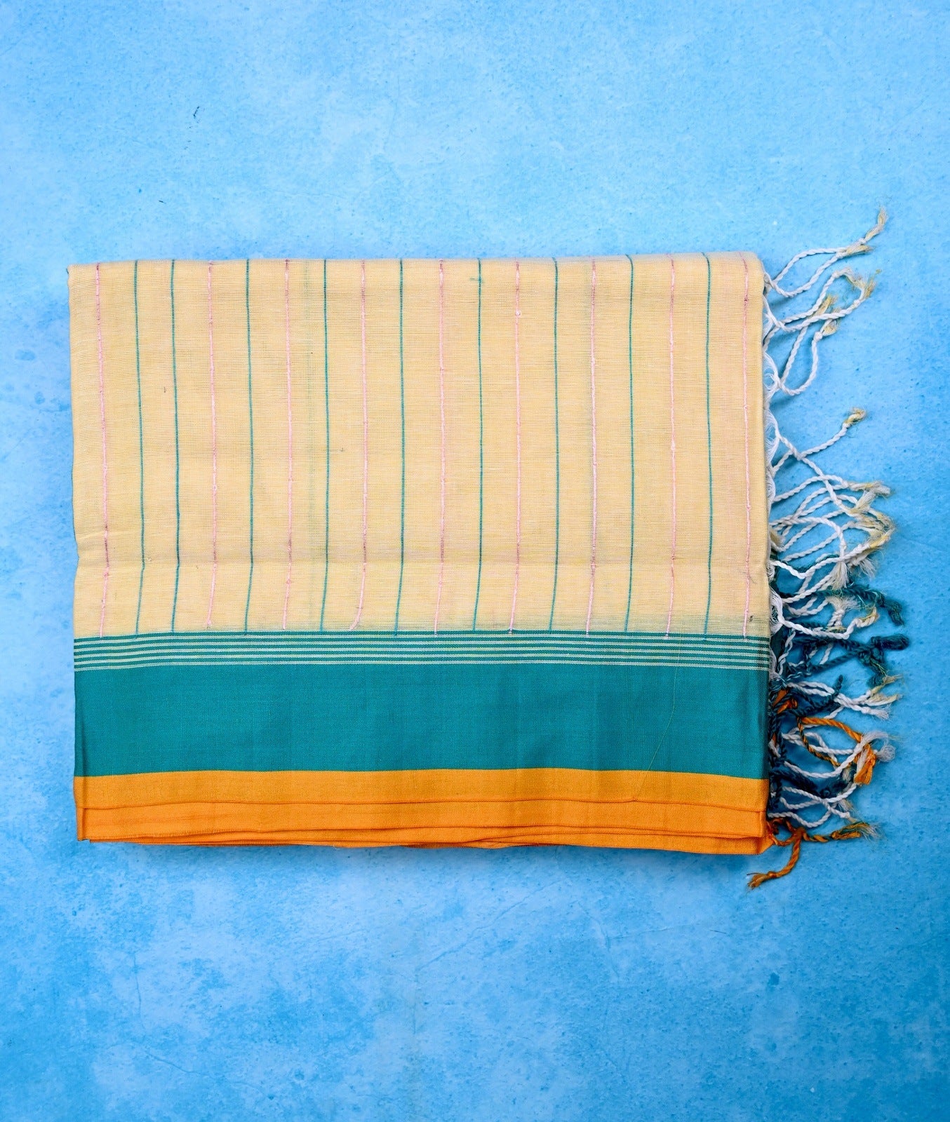 Jute cotton saree cream color with all over thread lines with sequence, big pallu, small contrast border and plain blouse.