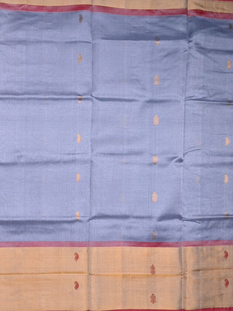 Uppada seiko pattu saree bluish grey color allover zari motifs & kaddi border with zari contrast pallu and attached plain blouse