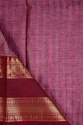 Kanchi cotton saree onion pink and maroon color with allover thread lines, big pallu, zari gap border, and plain blouse