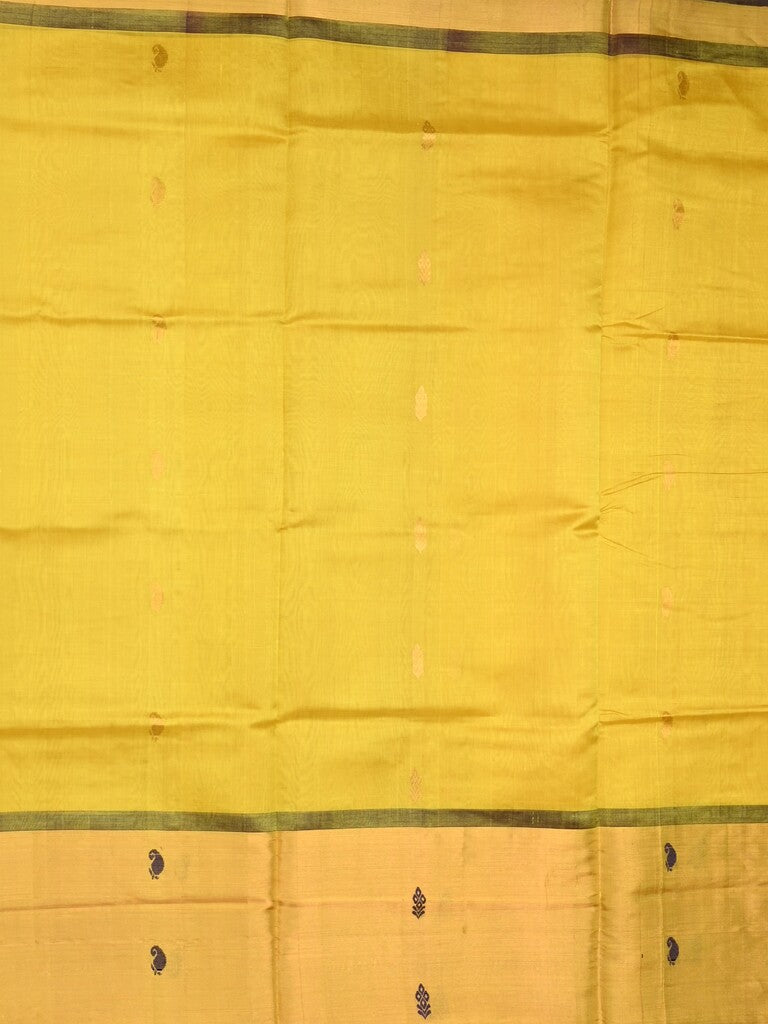 Uppada seiko pattu saree yellow color allover zari motifs & kaddi border with zari contrast pallu and attached plain blouse