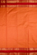 Kanchi cotton saree orange and red color with allover thread lines, big pallu, zari gap border, and plain blouse