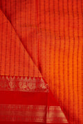 Kanchi cotton saree orange and red color with allover thread lines, big pallu, zari gap border, and plain blouse