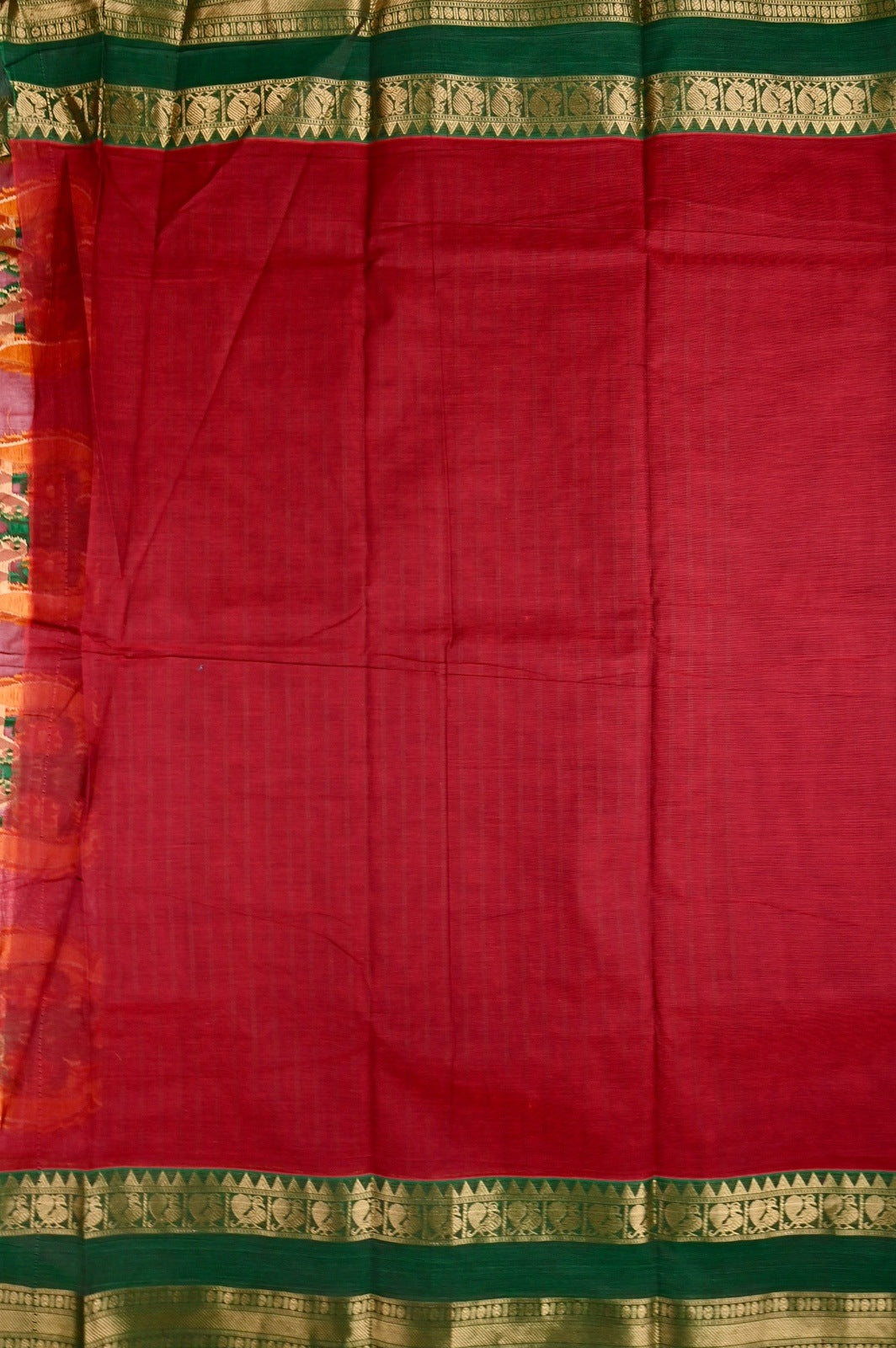Kanchi cotton saree maroon and green color with allover thread lines, big pallu, zari gap border, and plain blouse