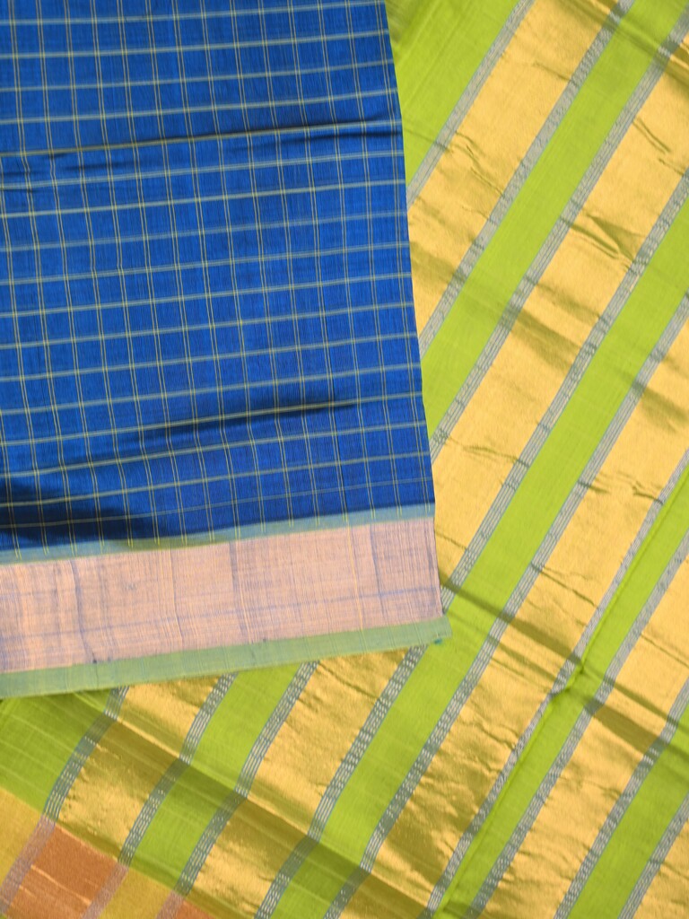 Uppada seiko pattu saree royal blue color allover checks & kaddi border with zari contrast pallu and attached plain blouse