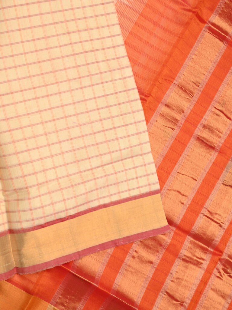 Uppada seiko pattu saree cream color allover checks & kaddi border with zari contrast pallu and attached plain blouse