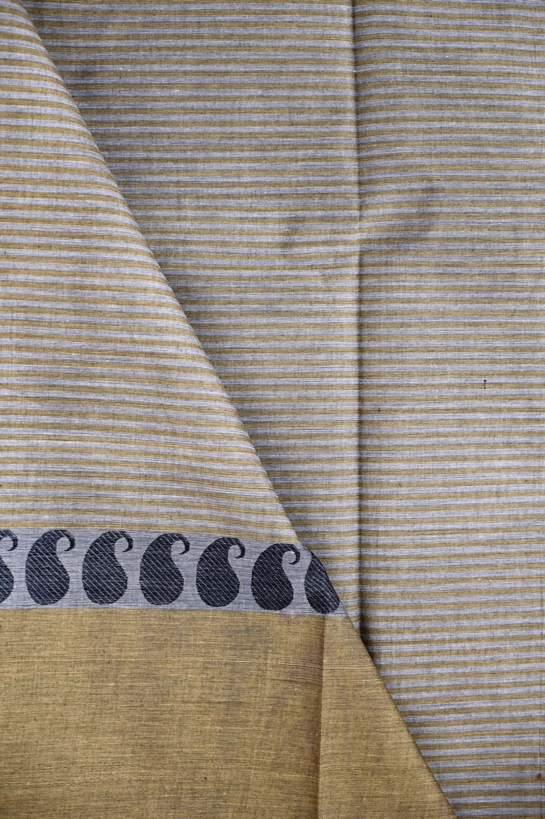 Kanchi cotton saree ash color with allover lines, big kaddi border, short pallu and running blouse.