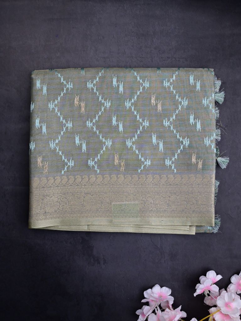 Organza tissue fancy saree grey color allover weaves & small kaddi border with short pallu and plain self blouse