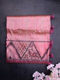 Tussar fancy saree onion pink color allover zari weaves & printed border with contrast printed pallu and attaached printed blouse