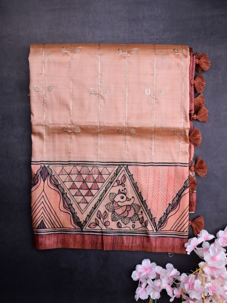 Tussar fancy saree peach color allover zari weaves & printed border with contrast printed pallu and attaached printed blouse