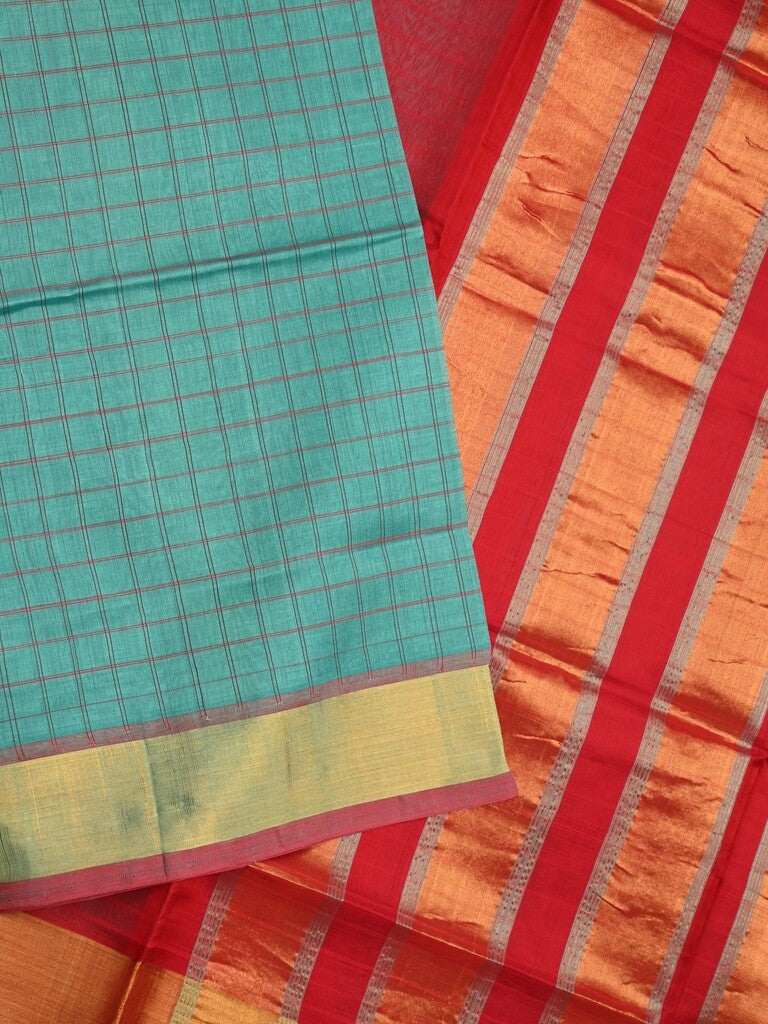 Uppada seiko pattu saree light blue color allover checks & kaddi border with zari contrast pallu and attached plain blouse
