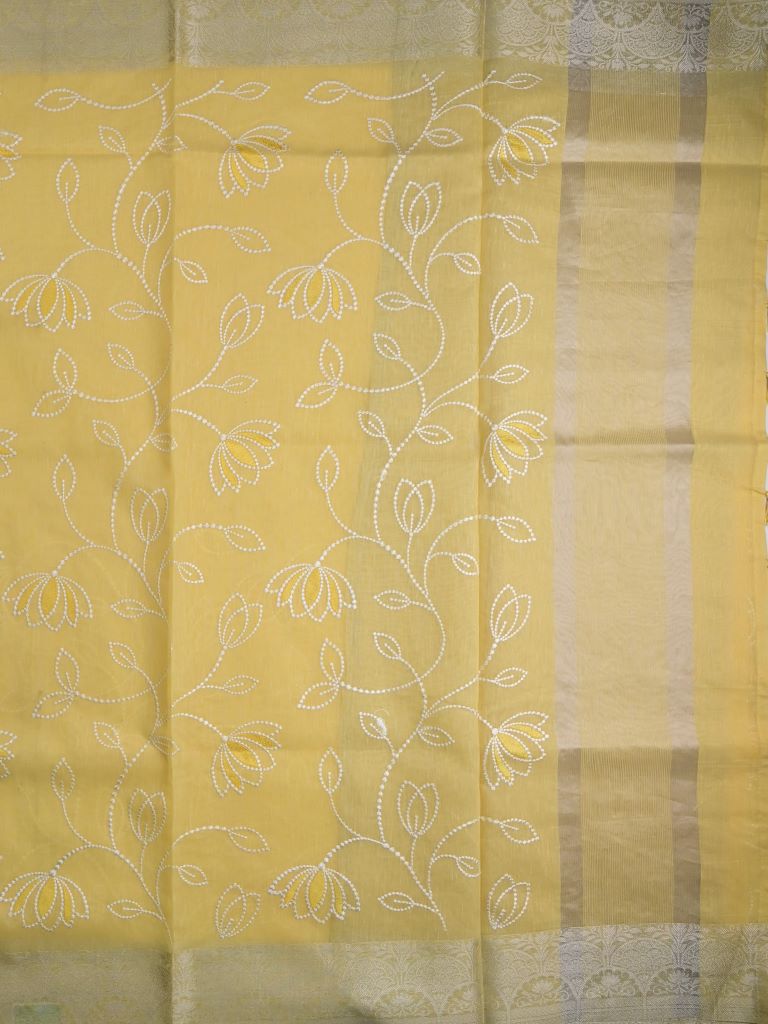 Chanderi fancy saree light yellow color allover weaves & small kaddi border with short pallu and plain self blouse