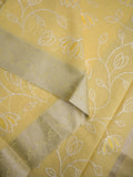 Chanderi fancy saree light yellow color allover weaves & small kaddi border with short pallu and plain self blouse