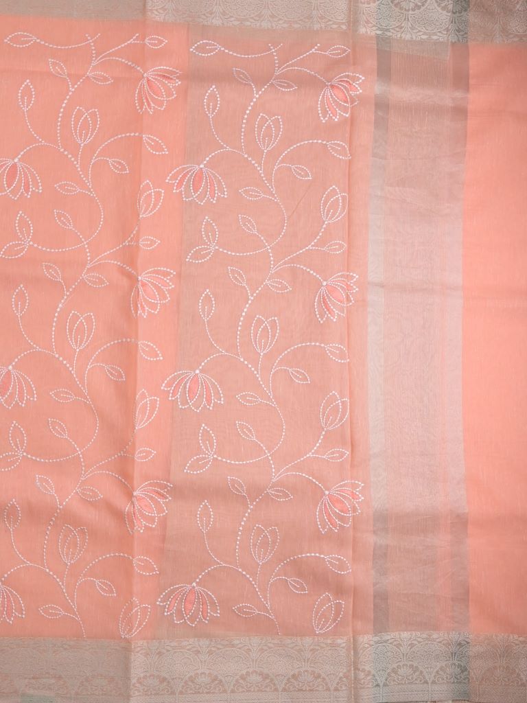 Chanderi fancy saree baby pink color allover weaves & small kaddi border with short pallu and plain self blouse