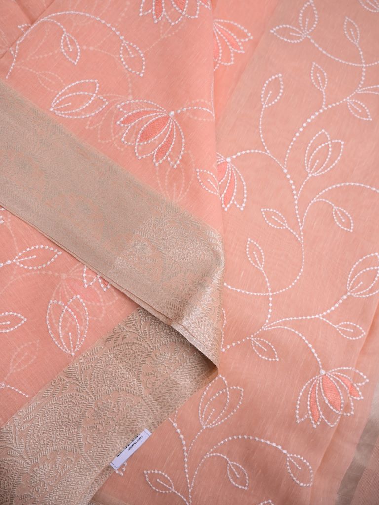 Chanderi fancy saree baby pink color allover weaves & small kaddi border with short pallu and plain self blouse