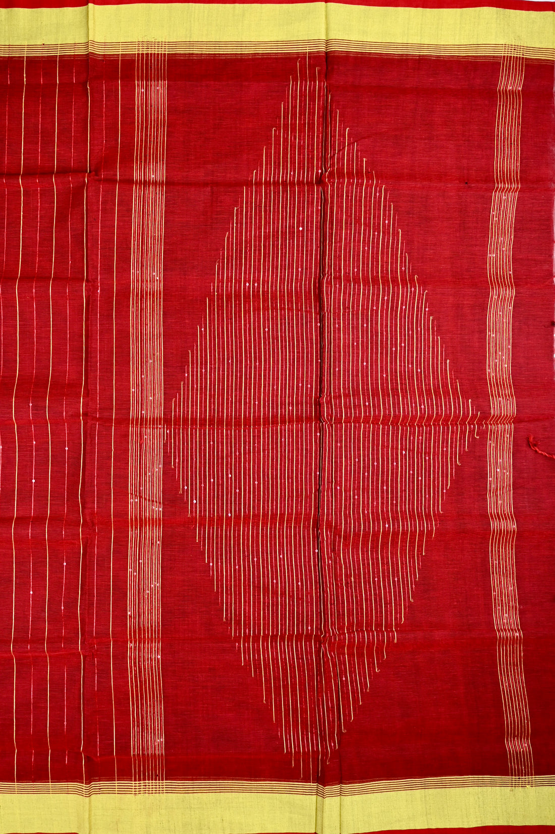 Jute cotton saree red color with all over thread lines with sequence, big pallu, small contrast border and plain blouse.