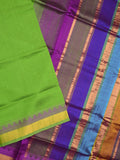 Uppada seiko pattu saree green color allover plain & temple border with zari contrast pallu and attached plain blouse