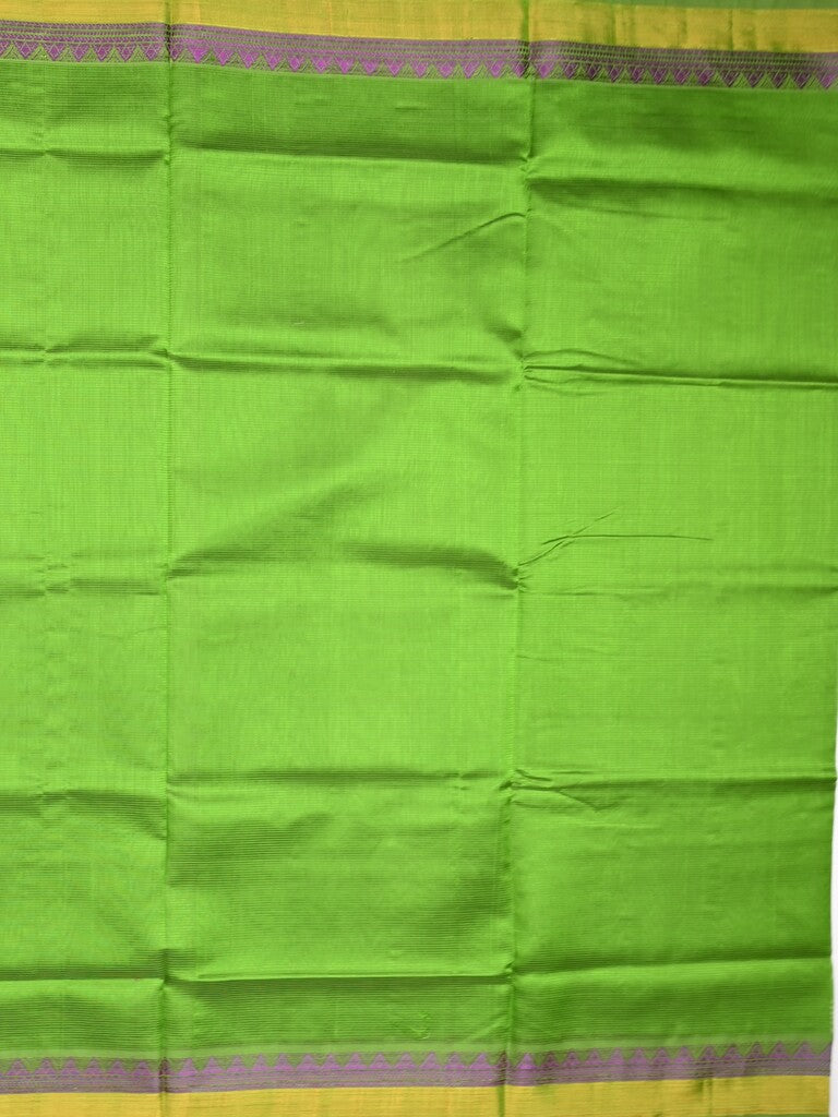 Uppada seiko pattu saree green color allover plain & temple border with zari contrast pallu and attached plain blouse