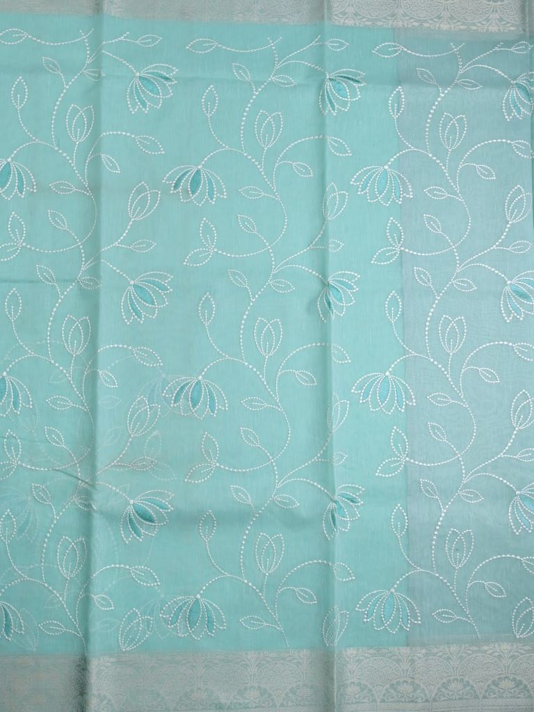 Chanderi fancy saree light blue color allover weaves & small kaddi border with short pallu and plain self blouse