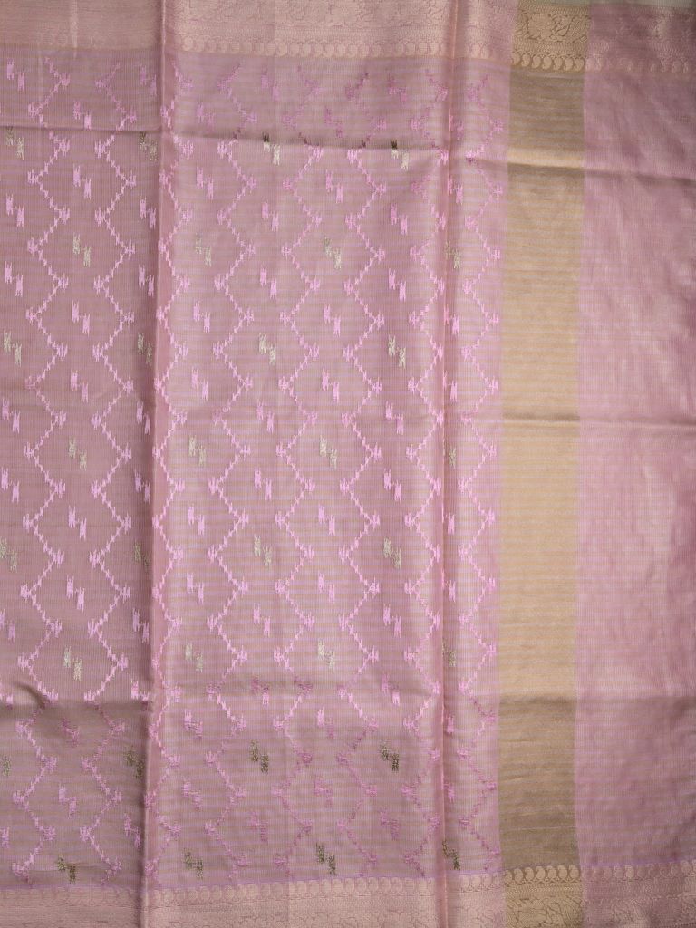 Organza tissue fancy saree onion pink color allover weaves & small kaddi border with short pallu and plain self blouse