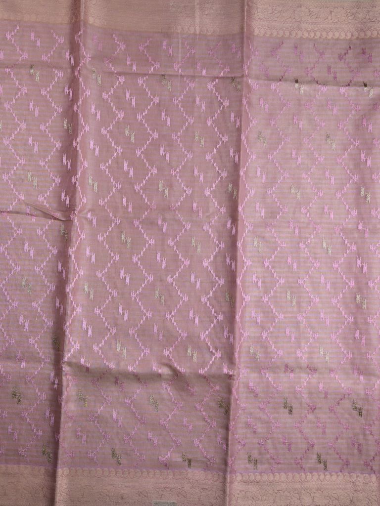 Organza tissue fancy saree onion pink color allover weaves & small kaddi border with short pallu and plain self blouse