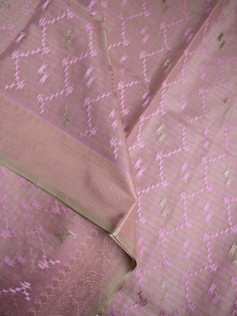 Organza tissue fancy saree onion pink color allover weaves & small kaddi border with short pallu and plain self blouse