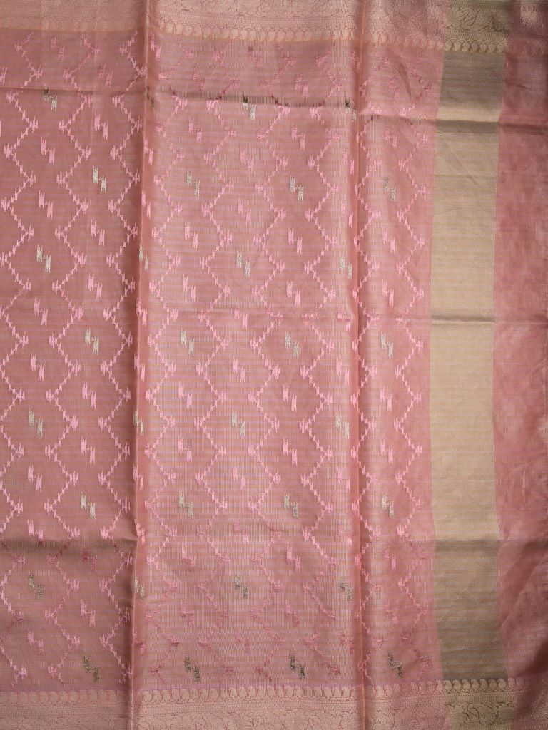 Organza tissue fancy saree peach color allover weaves & small kaddi border with short pallu and plain self blouse