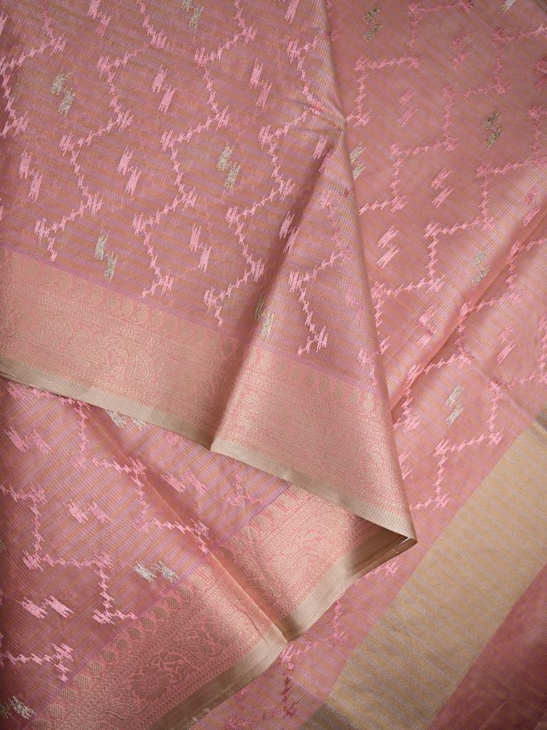 Organza tissue fancy saree peach color allover weaves & small kaddi border with short pallu and plain self blouse