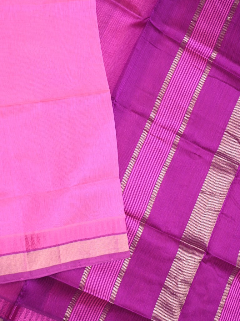 Uppada seiko pattu saree pink color allover plain & temple border with zari contrast pallu and attached plain blouse