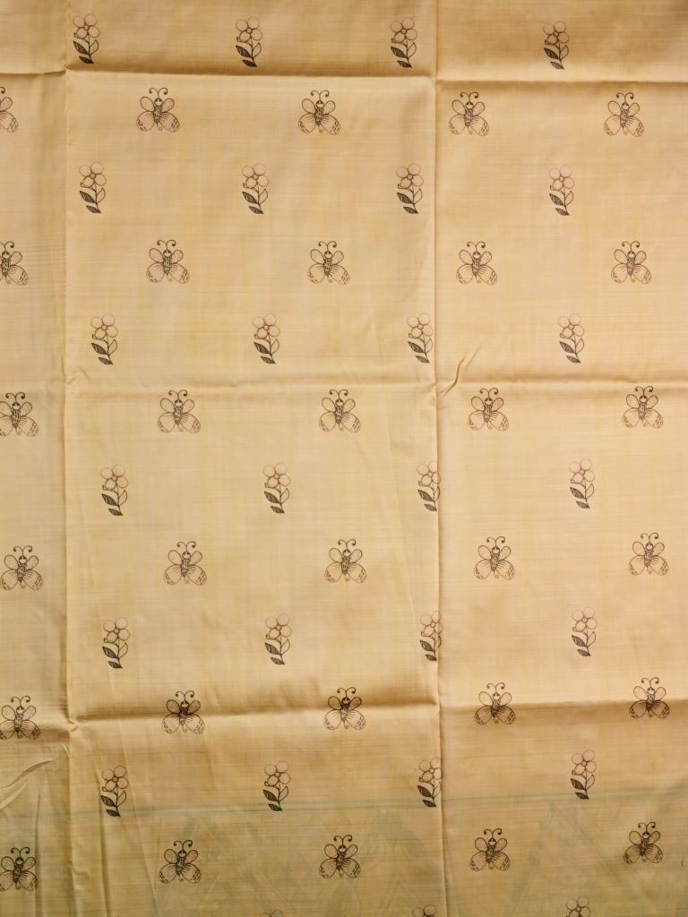 Tussar fancy saree cream color allover zari weaves & printed border with contrast printed pallu and attaached printed blouse