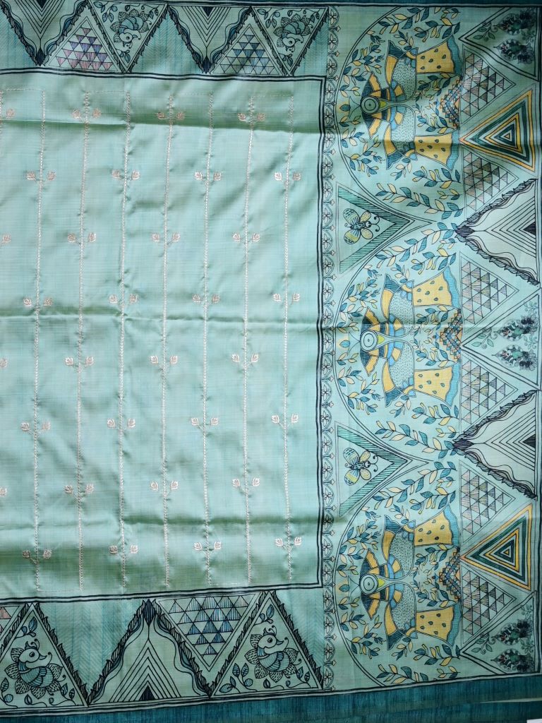 Tussar fancy saree light blue color allover zari weaves & printed border with contrast printed pallu and attaached printed blouse