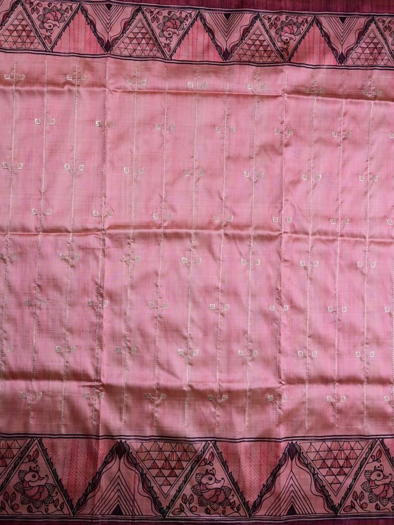 Tussar fancy saree onion pink color allover zari weaves & printed border with contrast printed pallu and attaached printed blouse