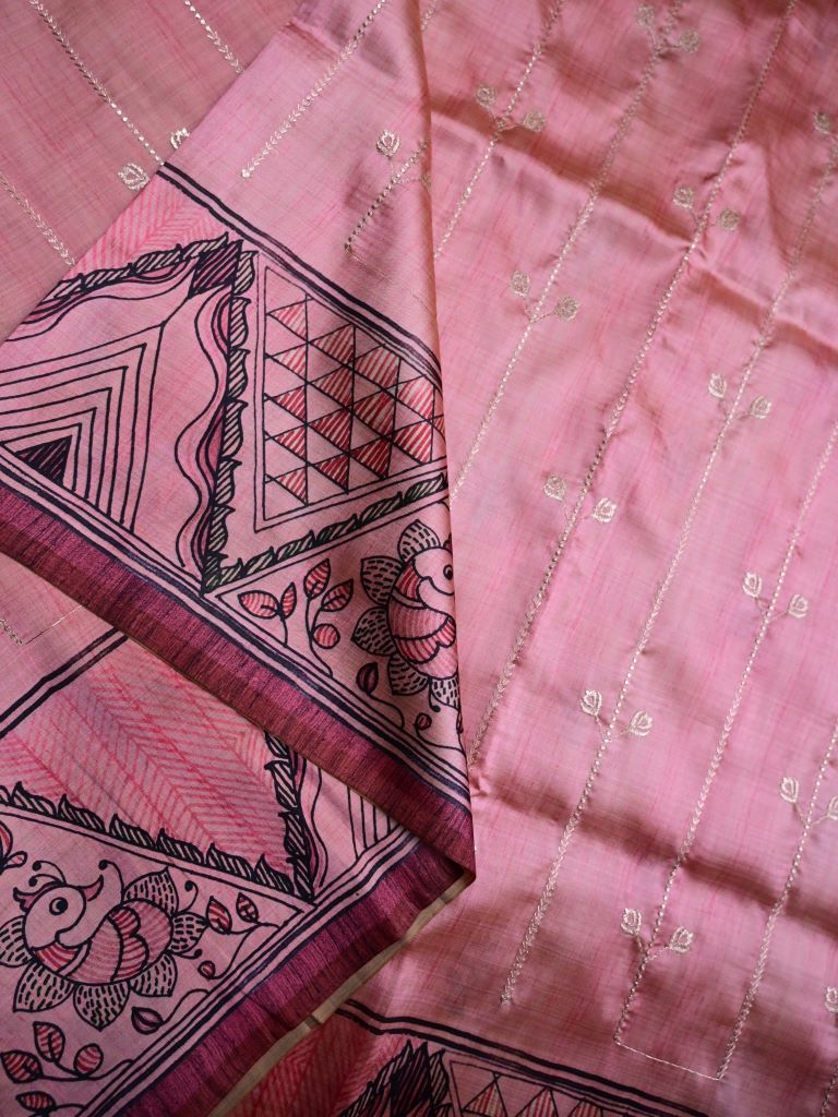 Tussar fancy saree onion pink color allover zari weaves & printed border with contrast printed pallu and attaached printed blouse