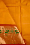 Kanchi cotton saree musturd yellow color with big gold zari kanchi border, short pallu and running plain blouse.