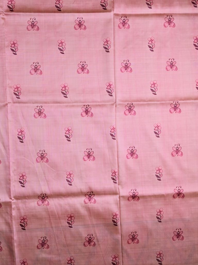 Tussar fancy saree onion pink color allover zari weaves & printed border with contrast printed pallu and attaached printed blouse