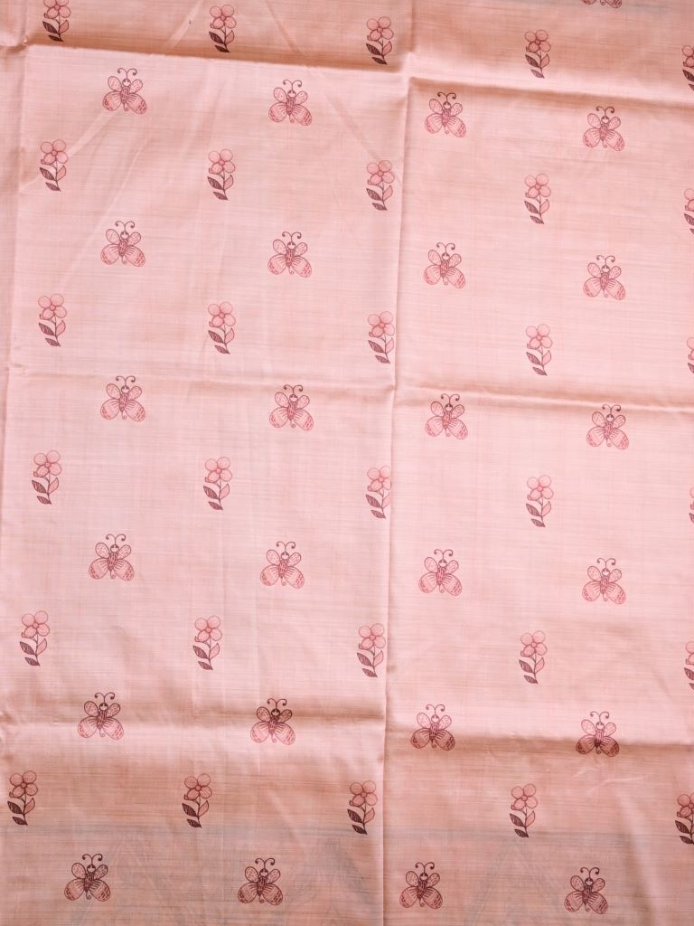 Tussar fancy saree peach color allover zari weaves & printed border with contrast printed pallu and attaached printed blouse