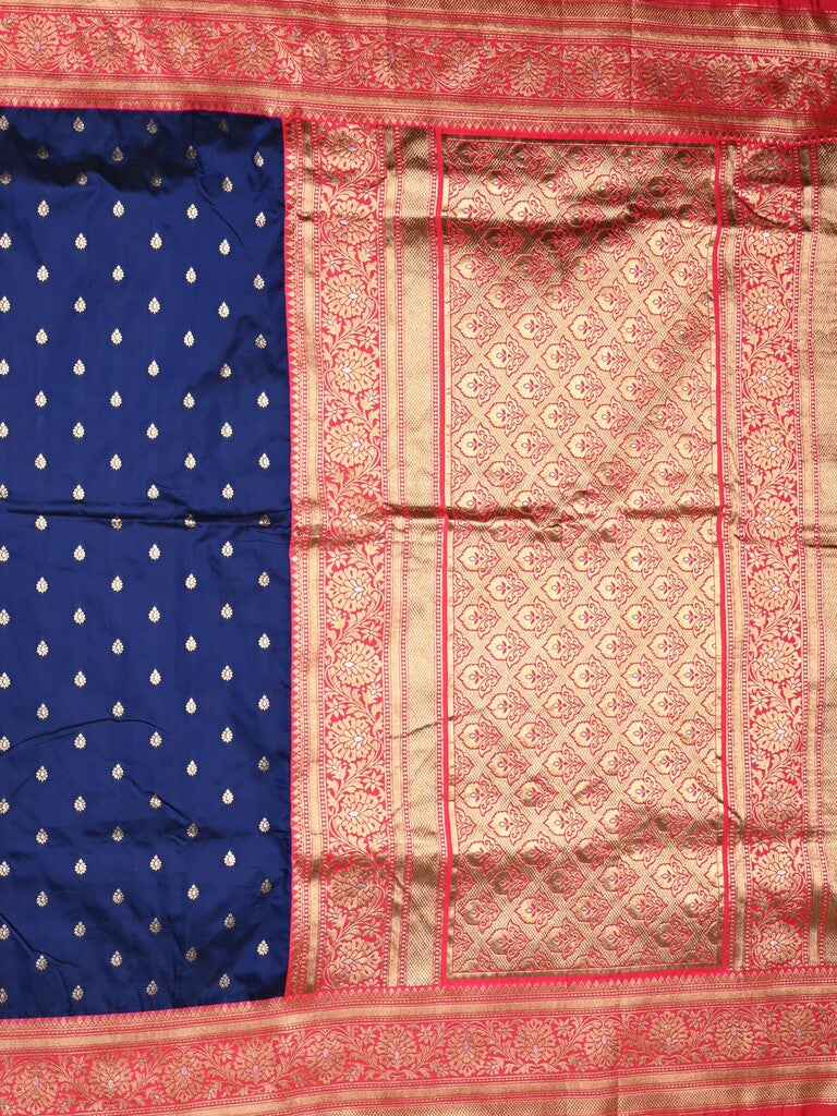 Banaras fancy saree navy blue color allover zari motifs & zari contrast border with rich pallu and plain blouse