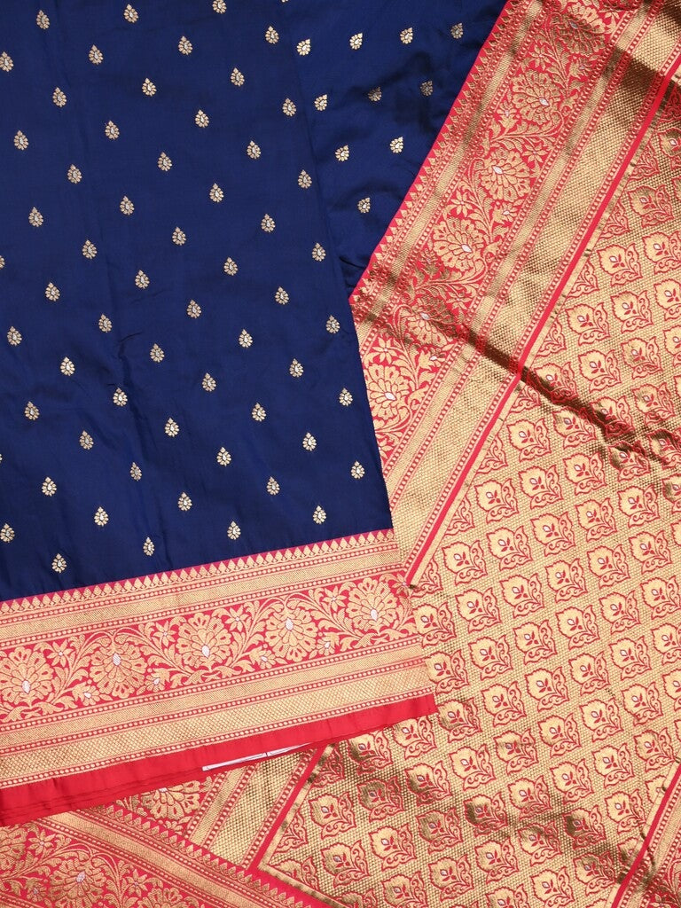 Banaras fancy saree navy blue color allover zari motifs & zari contrast border with rich pallu and plain blouse