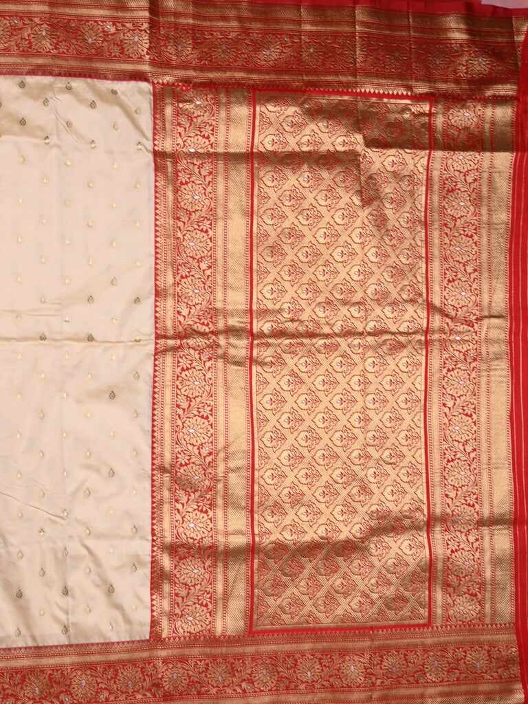 Banaras fancy saree half white color allover zari motifs & zari contrast border with rich pallu and plain blouse
