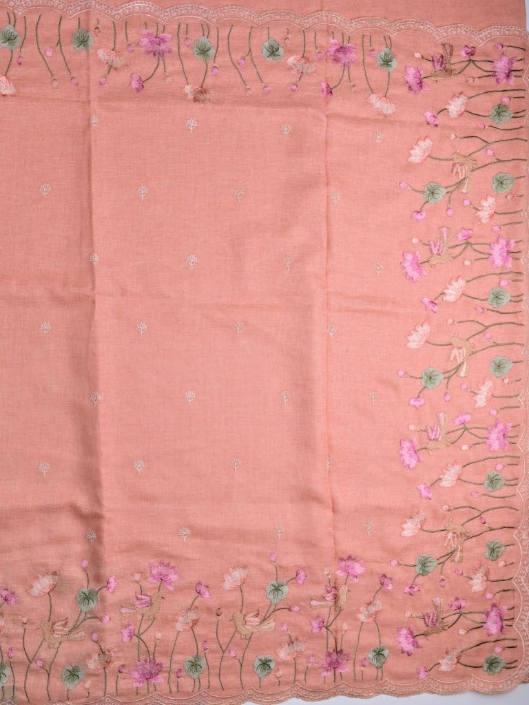 Jute lenin fancy saree peach color allover embroidery & embroidery cutwork border with running pallu and plain self blouse