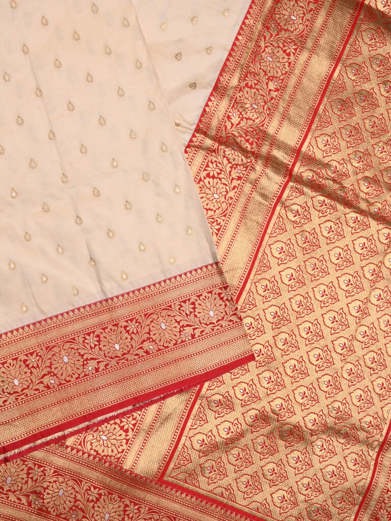 Banaras fancy saree half white color allover zari motifs & zari contrast border with rich pallu and plain blouse